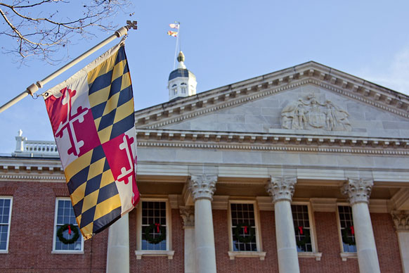 Maryland State House with Maryland Flag